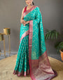 Desirable Turquoise Soft Banarasi Silk Saree With Hypnotic Blouse Piece