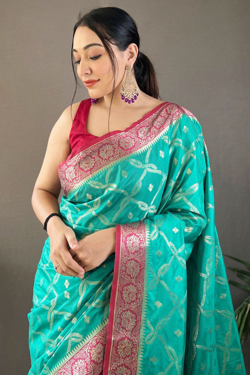 Load image into Gallery viewer, Desirable Turquoise Soft Banarasi Silk Saree With Hypnotic Blouse Piece
