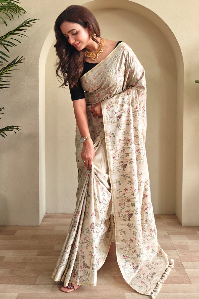 Classy Beige Embroidery Work Tussar Silk Saree With Staring Blouse Piece