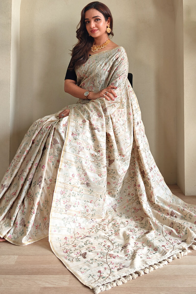 Classy Beige Embroidery Work Tussar Silk Saree With Staring Blouse Piece