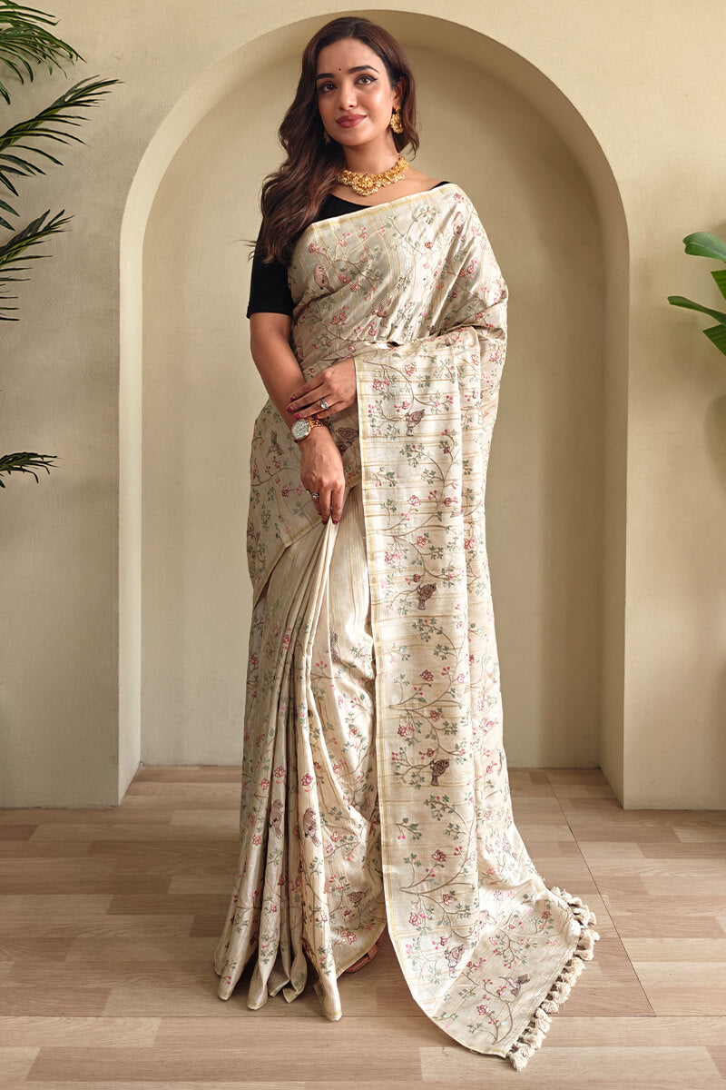 Classy Beige Embroidery Work Tussar Silk Saree With Staring Blouse Piece