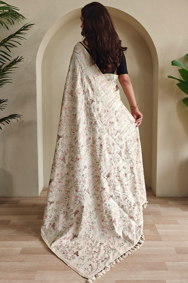 Classy Beige Embroidery Work Tussar Silk Saree With Staring Blouse Piece