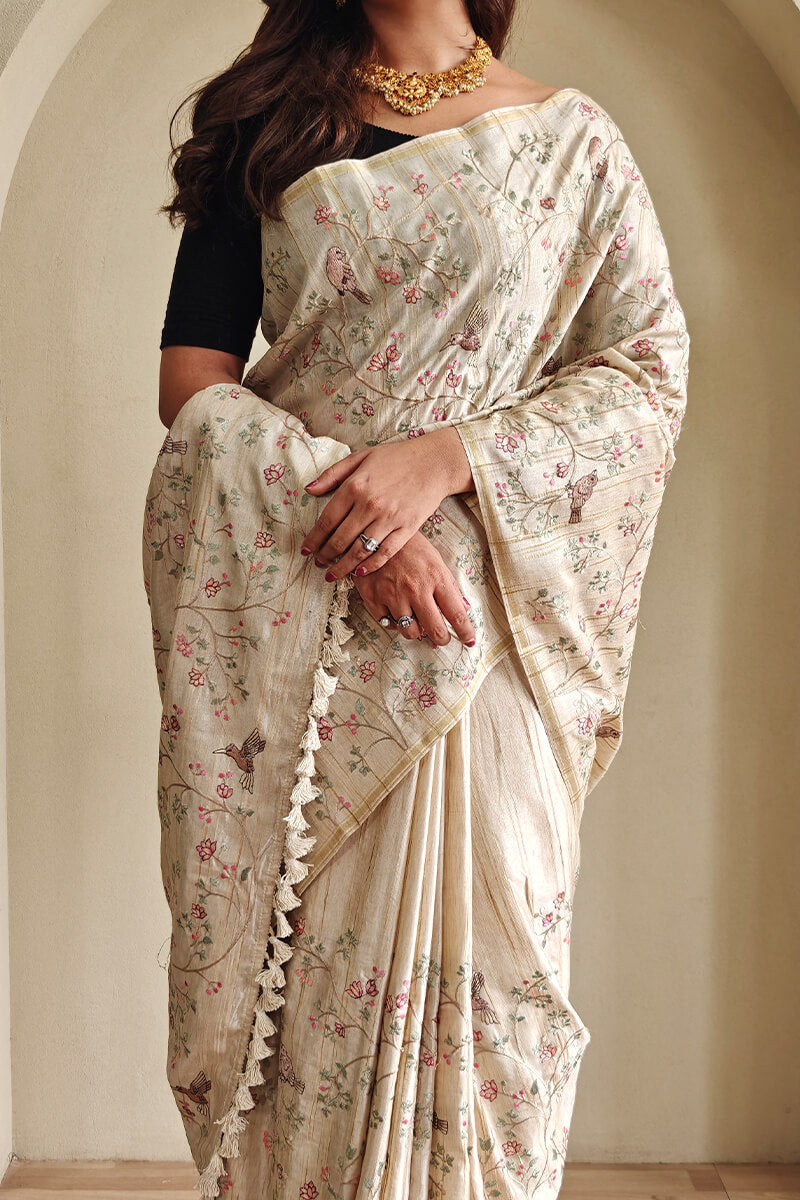 Classy Beige Embroidery Work Tussar Silk Saree With Staring Blouse Piece