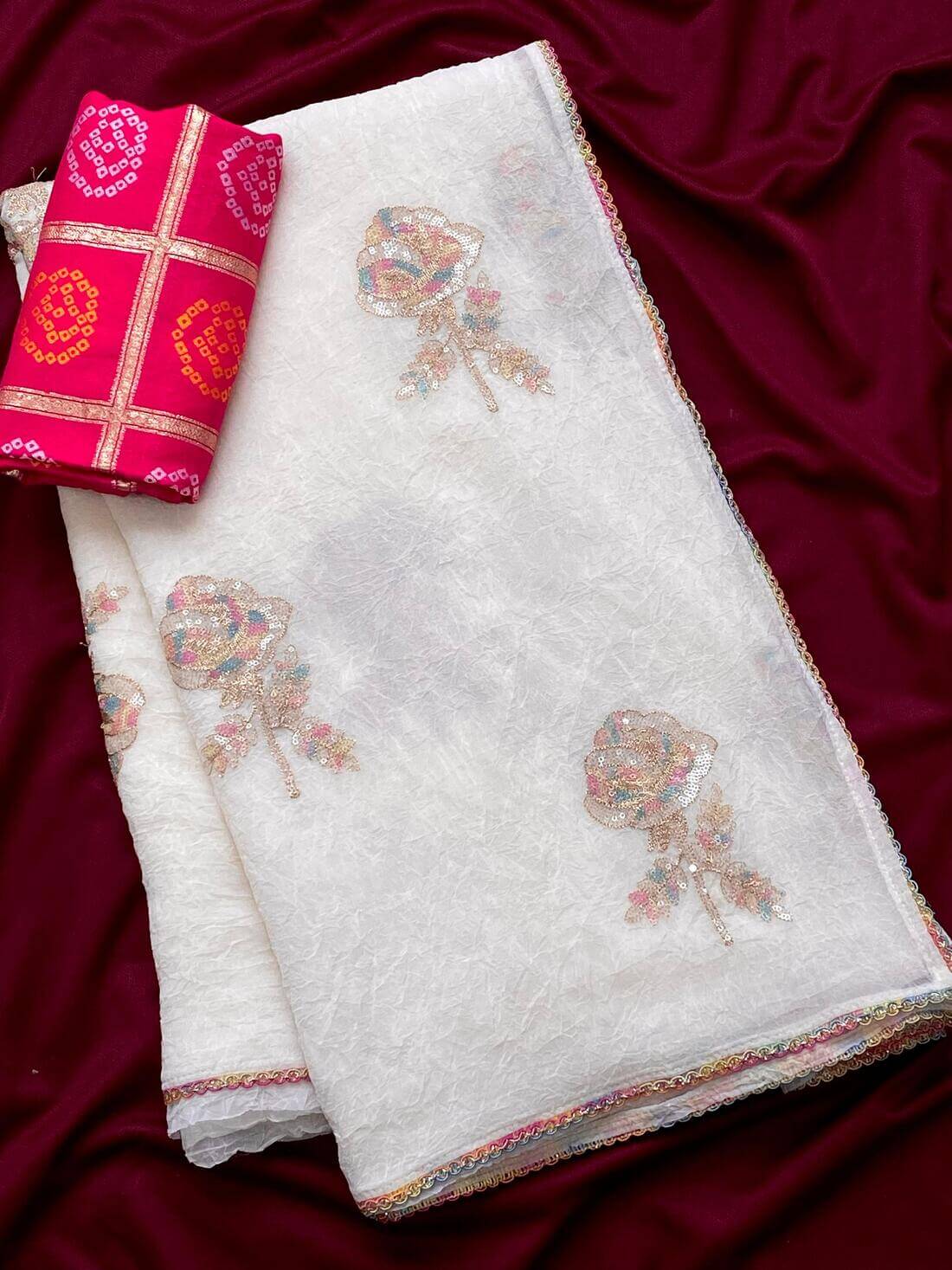 Arresting Off White Sequence Work Crush Silk Saree With Luxuriant Blouse Piece