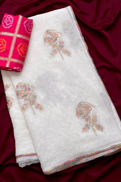 Arresting Off White Sequence Work Crush Silk Saree With Luxuriant Blouse Piece