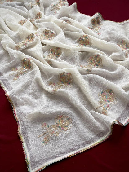 Arresting Off White Sequence Work Crush Silk Saree With Luxuriant Blouse Piece