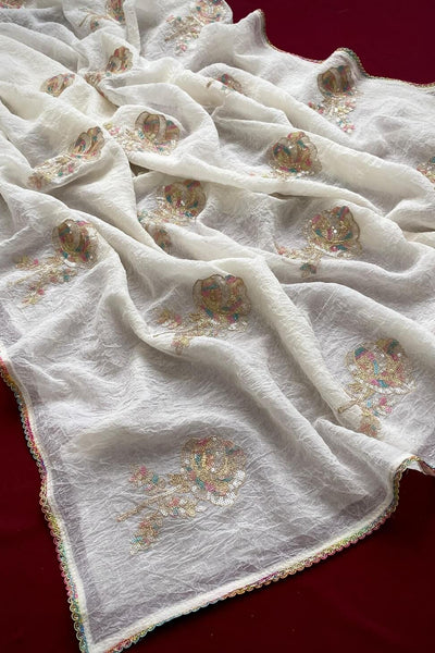 Arresting Off White Sequence Work Crush Silk Saree With Luxuriant Blouse Piece