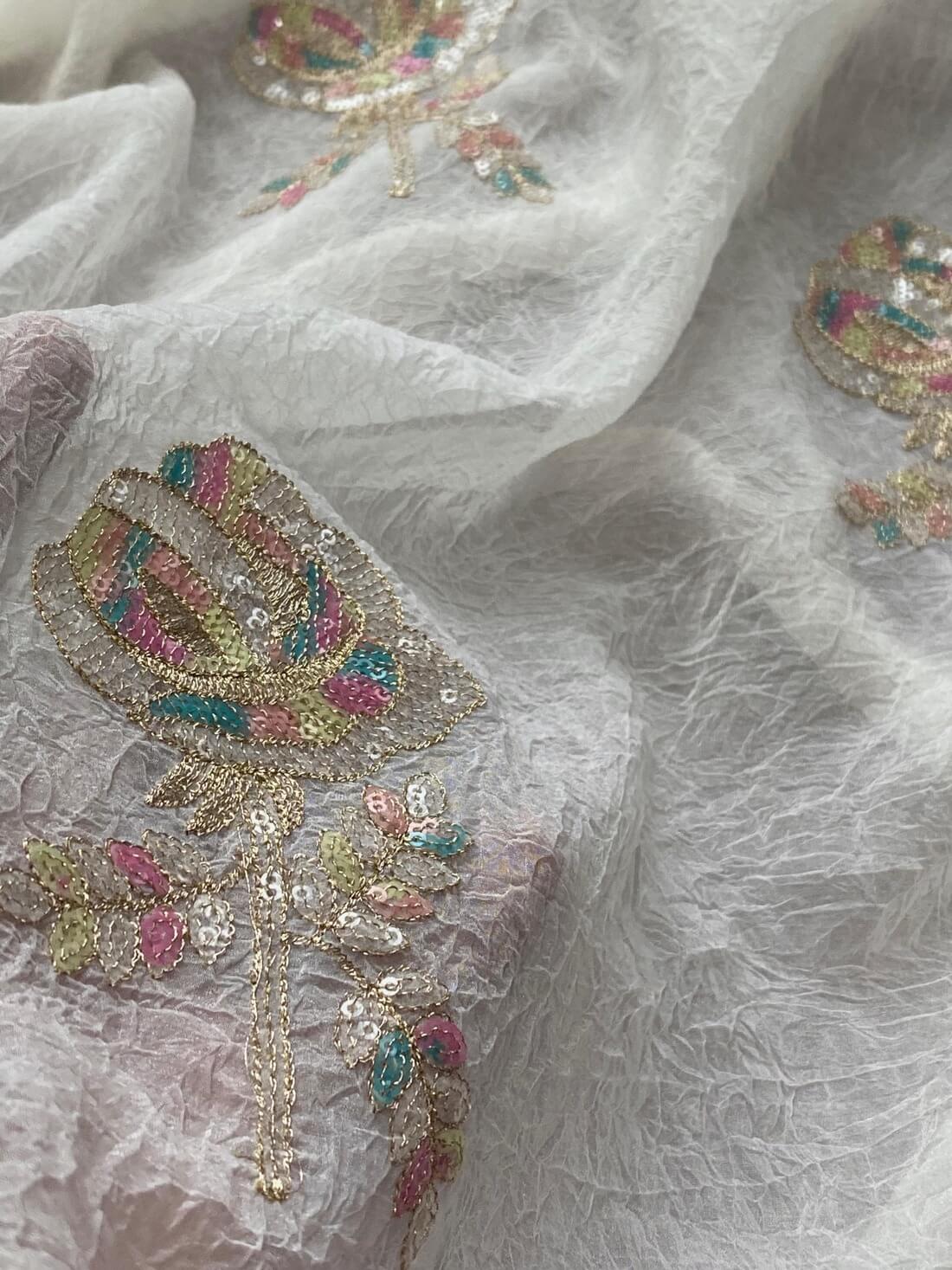 Arresting Off White Sequence Work Crush Silk Saree With Luxuriant Blouse Piece