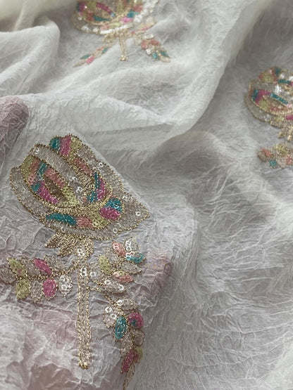 Arresting Off White Sequence Work Crush Silk Saree With Luxuriant Blouse Piece