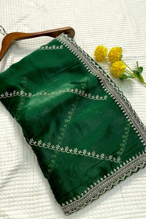 Load image into Gallery viewer, Winsome Dark Green Embroidery Work Jimmy Choo Silk Saree With Fantabulous Blouse Piece
