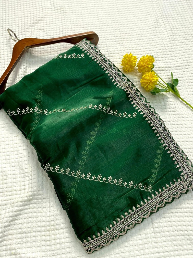 Winsome Dark Green Embroidery Work Jimmy Choo Silk Saree With Fantabulous Blouse Piece