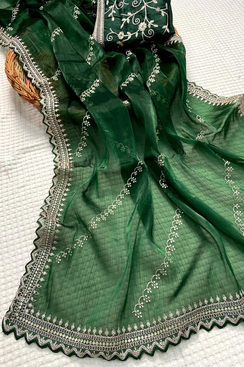 Load image into Gallery viewer, Winsome Dark Green Embroidery Work Jimmy Choo Silk Saree With Fantabulous Blouse Piece
