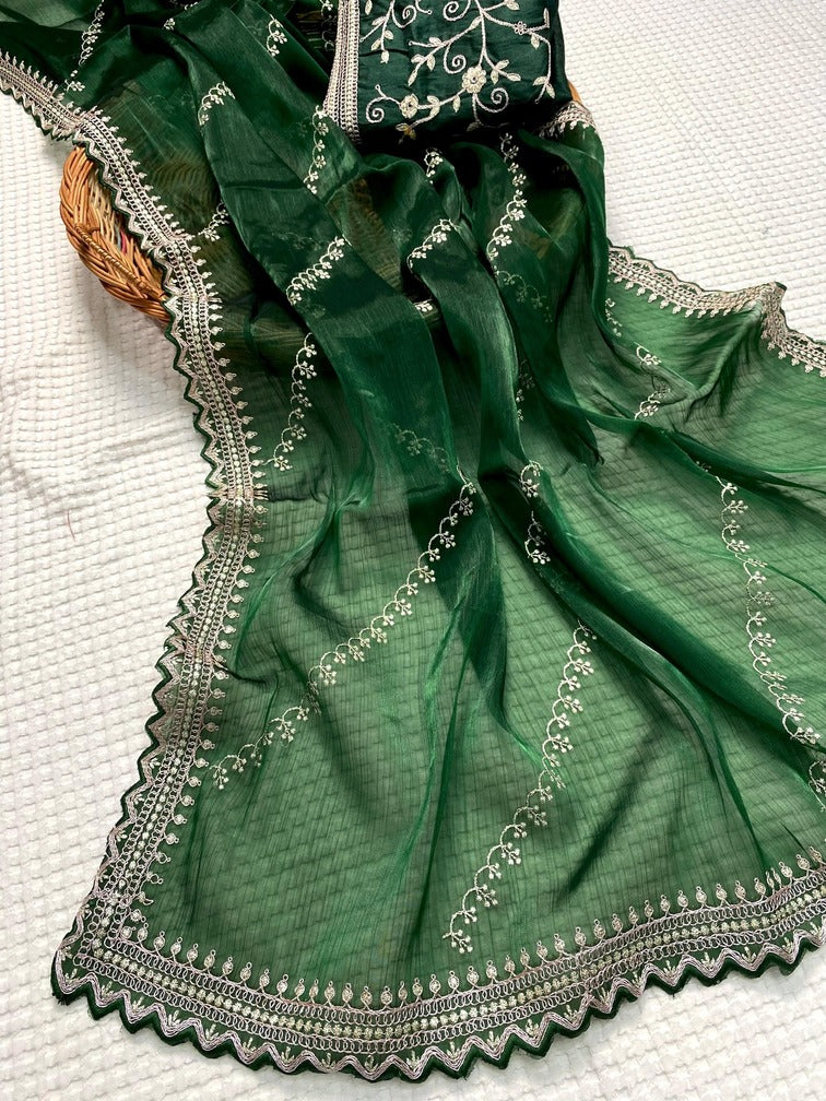 Winsome Dark Green Embroidery Work Jimmy Choo Silk Saree With Fantabulous Blouse Piece