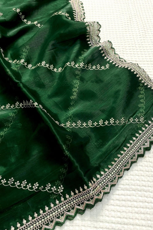 Load image into Gallery viewer, Winsome Dark Green Embroidery Work Jimmy Choo Silk Saree With Fantabulous Blouse Piece
