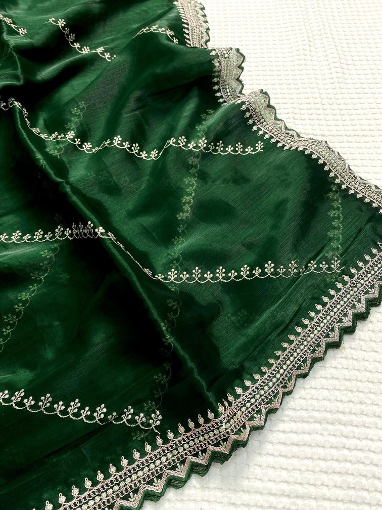 Winsome Dark Green Embroidery Work Jimmy Choo Silk Saree With Fantabulous Blouse Piece