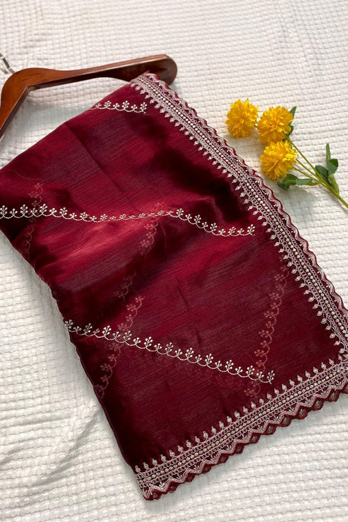 Load image into Gallery viewer, Felicitous Maroon Embroidery Work Jimmy Choo Silk Saree With Vestigial Blouse Piece
