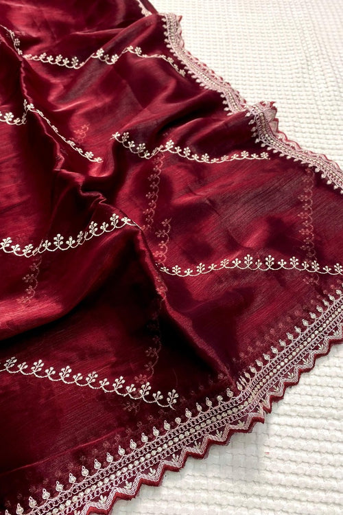 Load image into Gallery viewer, Felicitous Maroon Embroidery Work Jimmy Choo Silk Saree With Vestigial Blouse Piece
