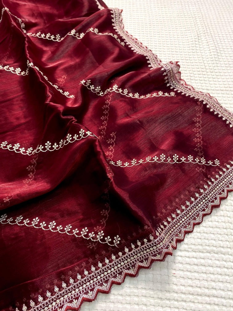 Felicitous Maroon Embroidery Work Jimmy Choo Silk Saree With Vestigial Blouse Piece