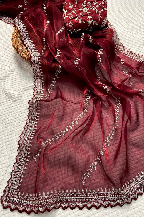 Load image into Gallery viewer, Felicitous Maroon Embroidery Work Jimmy Choo Silk Saree With Vestigial Blouse Piece
