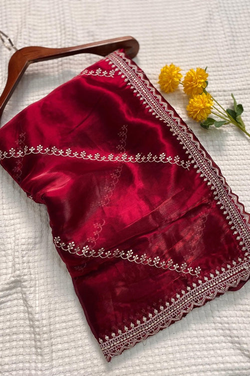 Load image into Gallery viewer, Snazzy Red Embroidery Work Jimmy Choo Silk Saree With Luxuriant Blouse Piece
