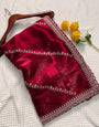 Snazzy Red Embroidery Work Jimmy Choo Silk Saree With Luxuriant Blouse Piece