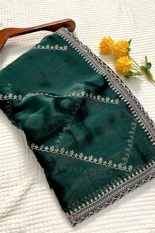 Load image into Gallery viewer, Supernal Teal Green Embroidery Work Jimmy Choo Silk Saree With Glittering Blouse Piece
