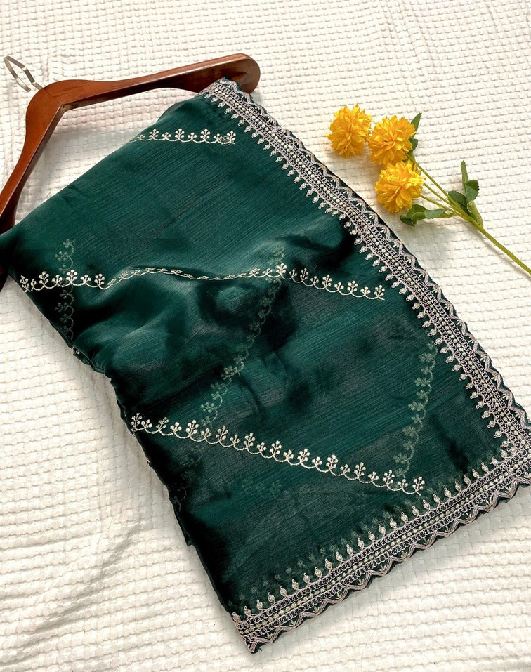 Supernal Teal Green Embroidery Work Jimmy Choo Silk Saree With Glittering Blouse Piece