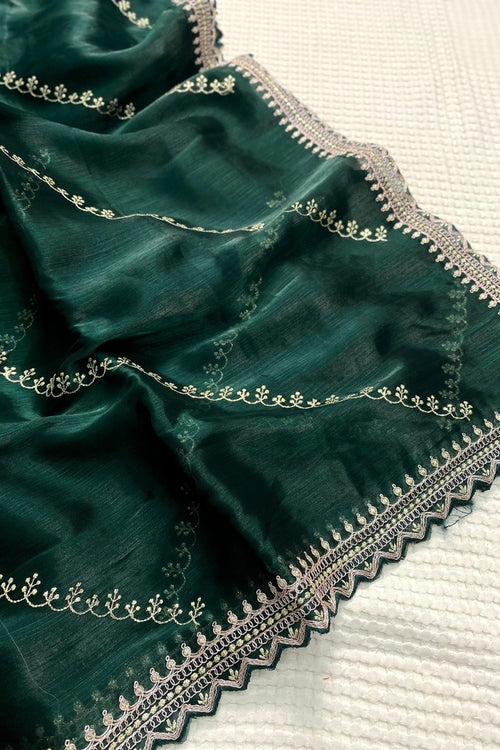 Load image into Gallery viewer, Supernal Teal Green Embroidery Work Jimmy Choo Silk Saree With Glittering Blouse Piece
