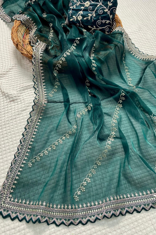 Load image into Gallery viewer, Supernal Teal Green Embroidery Work Jimmy Choo Silk Saree With Glittering Blouse Piece
