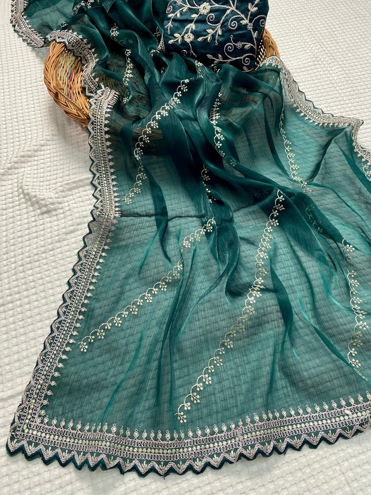 Supernal Teal Green Embroidery Work Jimmy Choo Silk Saree With Glittering Blouse Piece