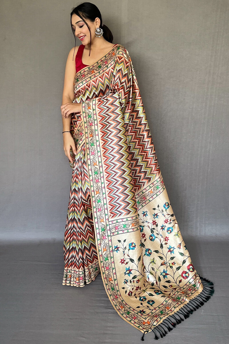 Prodigal Beige Kalamkari Printed Soft Silk Saree With Smashing Blouse Piece