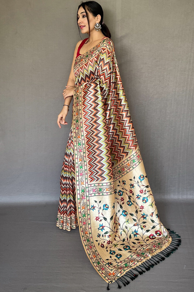 Prodigal Beige Kalamkari Printed Soft Silk Saree With Smashing Blouse Piece