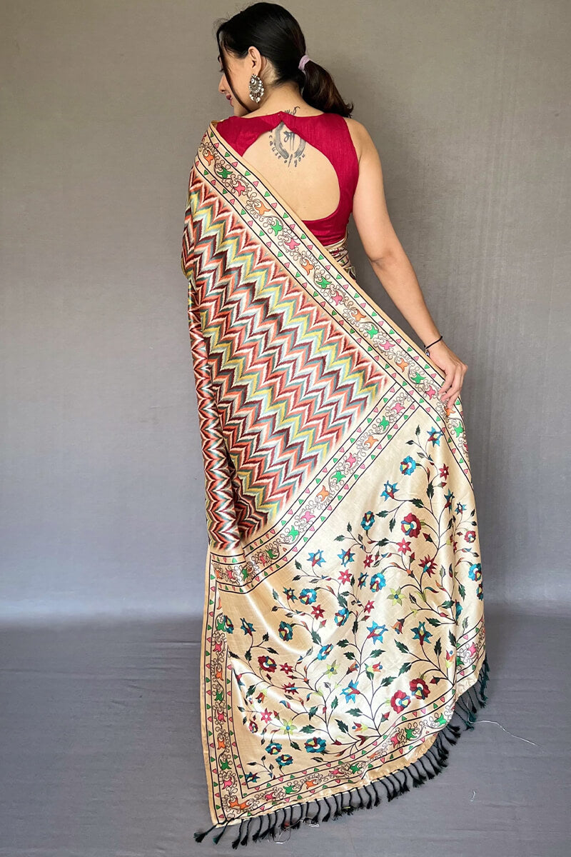 Prodigal Beige Kalamkari Printed Soft Silk Saree With Smashing Blouse Piece