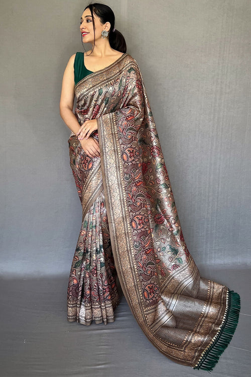 Load image into Gallery viewer, Serendipity Brown Kalamkari Printed Soft Silk Saree With Evanescent Blouse Piece
