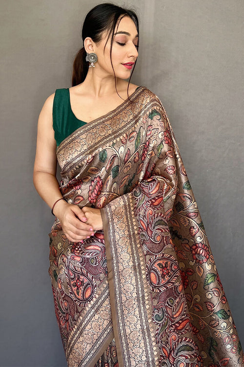 Load image into Gallery viewer, Serendipity Brown Kalamkari Printed Soft Silk Saree With Evanescent Blouse Piece
