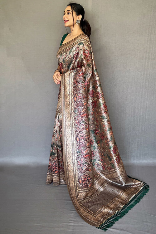 Load image into Gallery viewer, Serendipity Brown Kalamkari Printed Soft Silk Saree With Evanescent Blouse Piece
