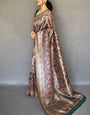 Serendipity Brown Kalamkari Printed Soft Silk Saree With Evanescent Blouse Piece