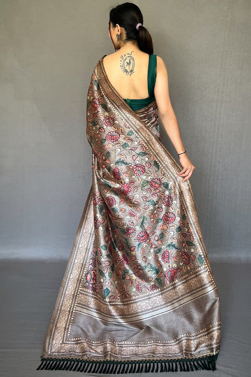 Load image into Gallery viewer, Serendipity Brown Kalamkari Printed Soft Silk Saree With Evanescent Blouse Piece
