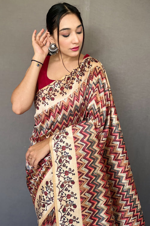 Load image into Gallery viewer, Conflate Maroon Kalamkari Printed Soft Silk Saree With Ideal Blouse Piece
