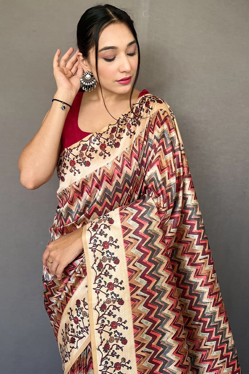 Conflate Maroon Kalamkari Printed Soft Silk Saree With Ideal Blouse Piece