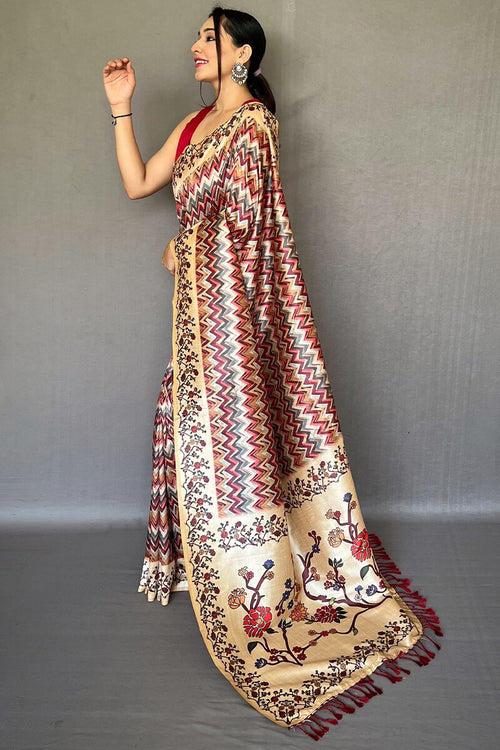 Load image into Gallery viewer, Conflate Maroon Kalamkari Printed Soft Silk Saree With Ideal Blouse Piece
