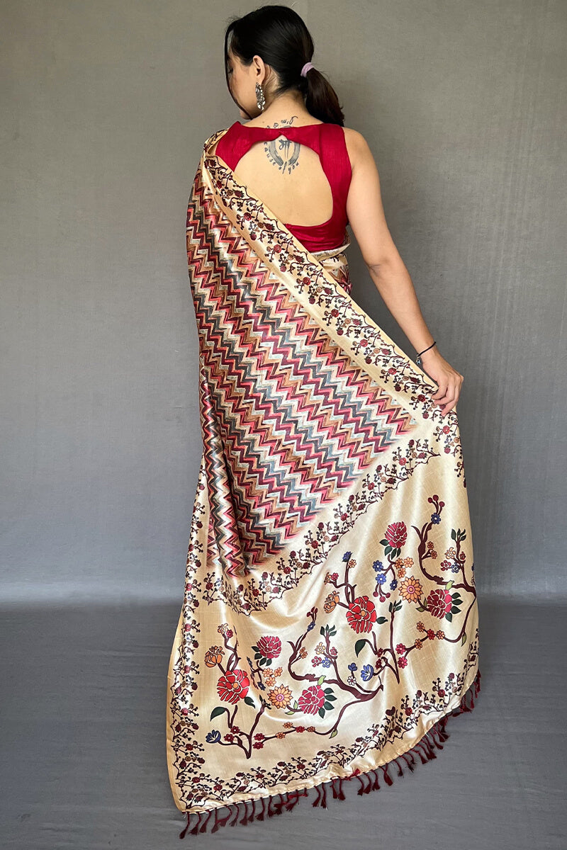 Conflate Maroon Kalamkari Printed Soft Silk Saree With Ideal Blouse Piece