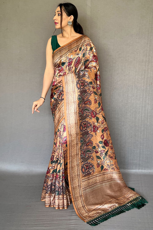 Load image into Gallery viewer, Inspiring Peach Kalamkari Printed Soft Silk Saree With Exceptional Blouse Piece
