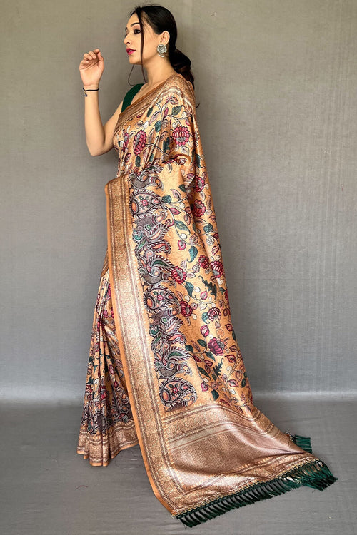 Load image into Gallery viewer, Inspiring Peach Kalamkari Printed Soft Silk Saree With Exceptional Blouse Piece
