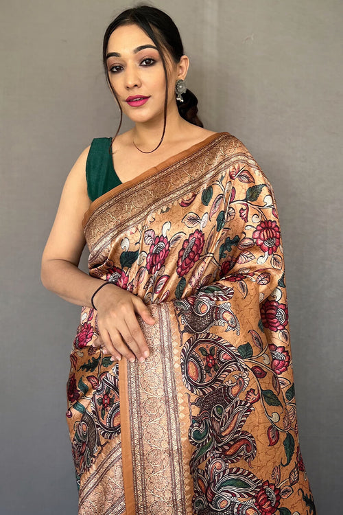 Load image into Gallery viewer, Inspiring Peach Kalamkari Printed Soft Silk Saree With Exceptional Blouse Piece
