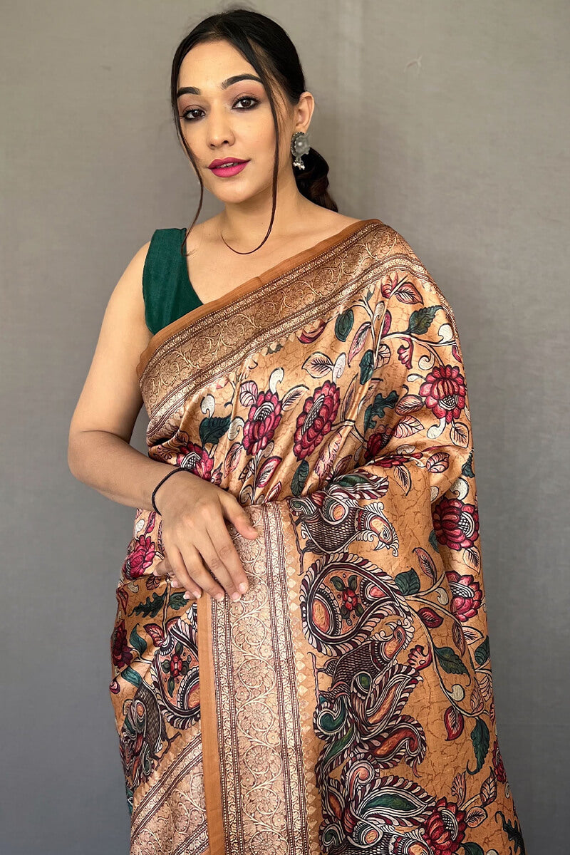 Inspiring Peach Kalamkari Printed Soft Silk Saree With Exceptional Blouse Piece