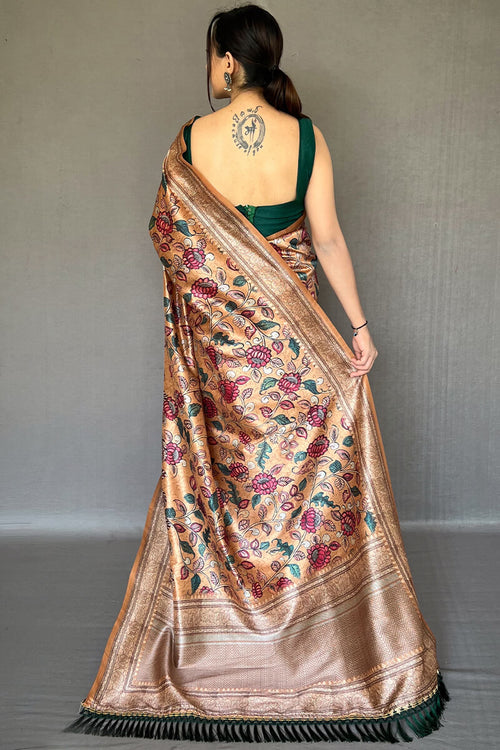 Load image into Gallery viewer, Inspiring Peach Kalamkari Printed Soft Silk Saree With Exceptional Blouse Piece
