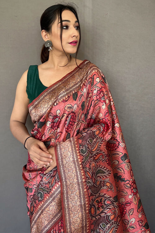 Load image into Gallery viewer, Opulent Pink Kalamkari Printed Soft Silk Saree With Exceptional Blouse Piece
