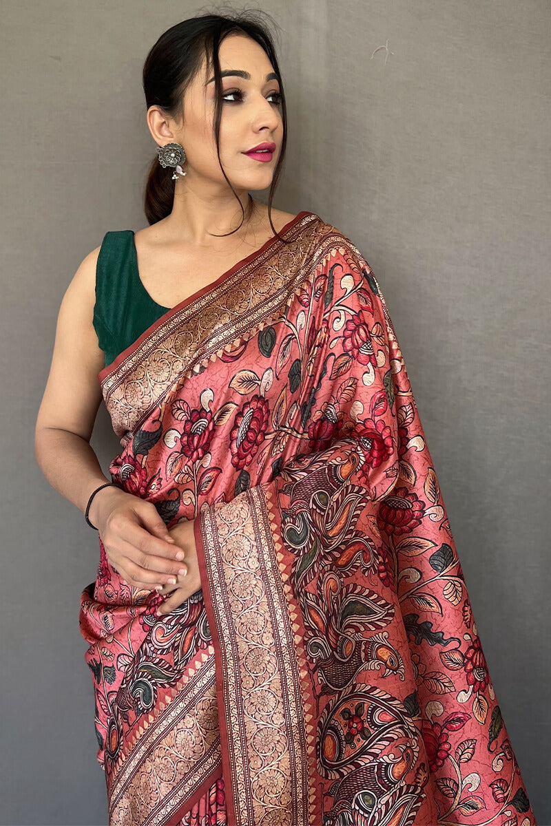 Opulent Pink Kalamkari Printed Soft Silk Saree With Exceptional Blouse Piece