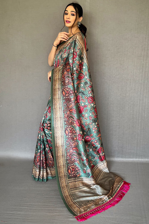 Load image into Gallery viewer, Ravishing Rama Kalamkari Printed Soft Silk Saree With Beautiful Blouse Piece
